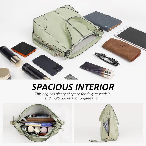 Women’s Light Green 3PCS PU Leather Purses Set  Crossbody Wallet & Hobo Tote Bag - Picture 5 of 8